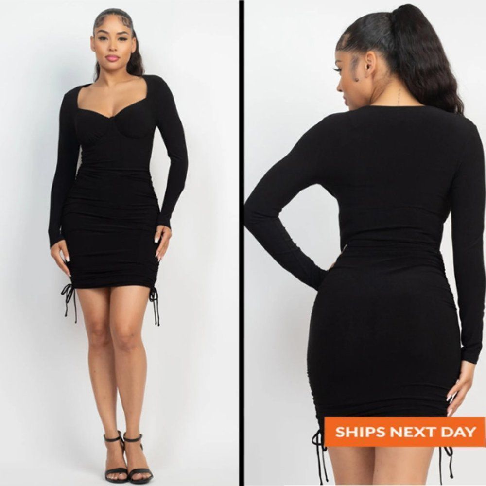 Side Ruched Long Sleeve Solid Dress - Sweet-Heart Neckline Mini Dress